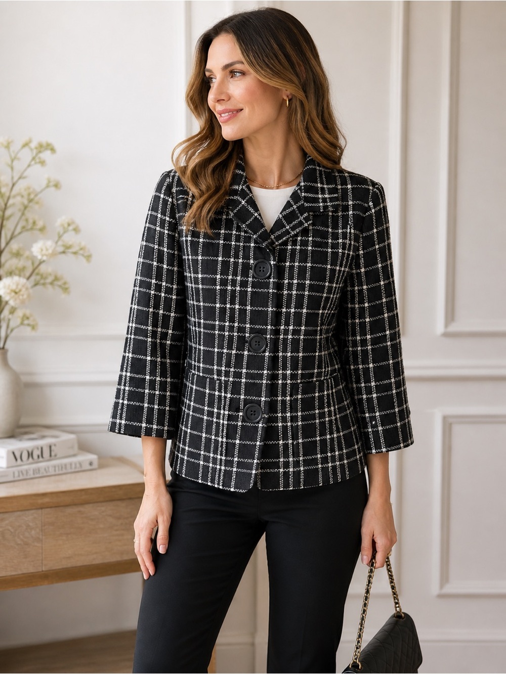 Katherine New York 100% Cotton Black White Check Tweed Like Blazer EUC Small